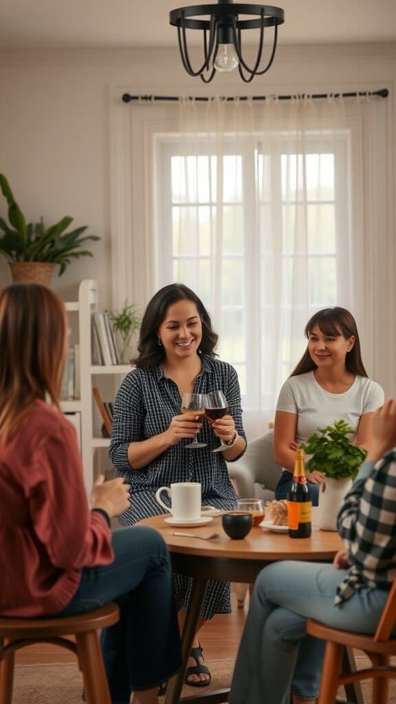 A group of friends enjoying drinks and conversation in a cozy living room.
