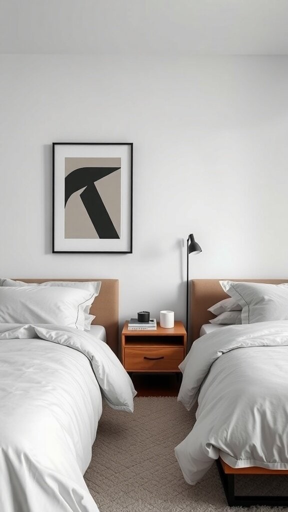 A modern bedroom featuring two sleek bedside tables with clean lines, minimalist lamps, and light bedding.