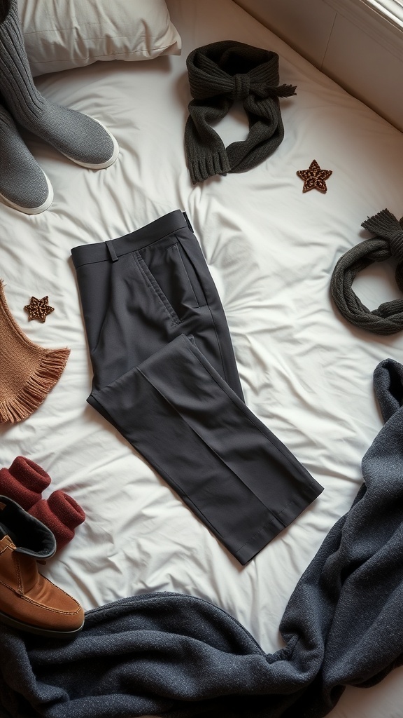 A pair of tailored trousers on a bed surrounded by winter accessories like scarves and boots.