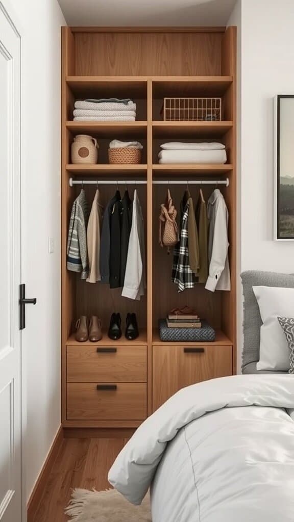 Compact wooden wardrobe with shelves and hanging space in a small bedroom