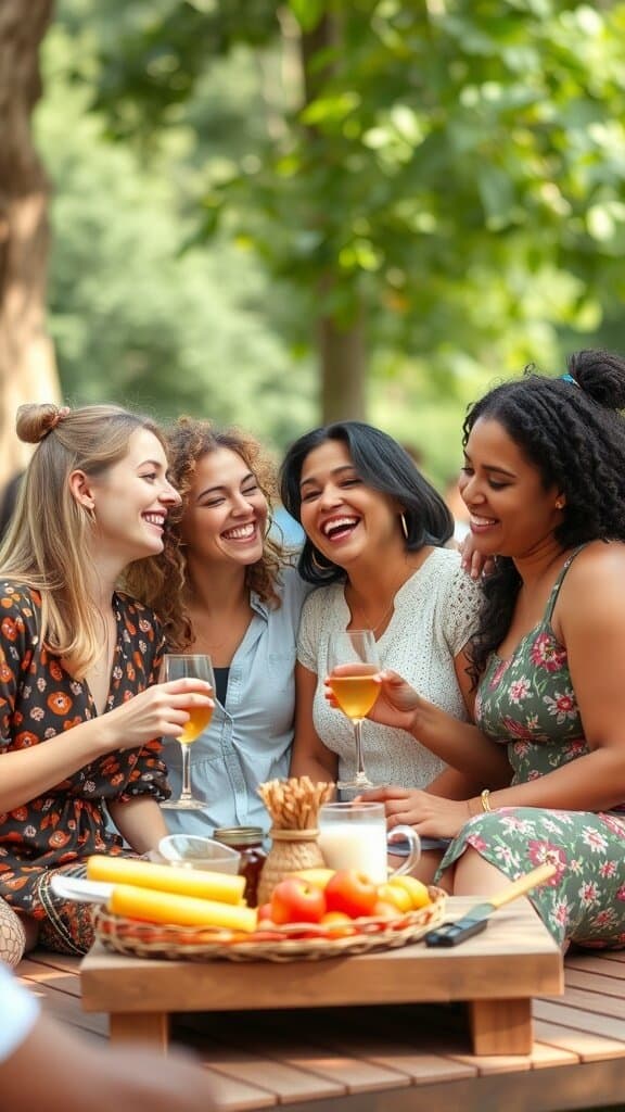 A group of four women laughing and enjoying drinks together in a natural setting.