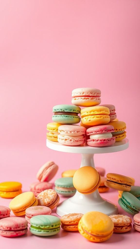 A display of colorful macarons on a white stand against a pink background.