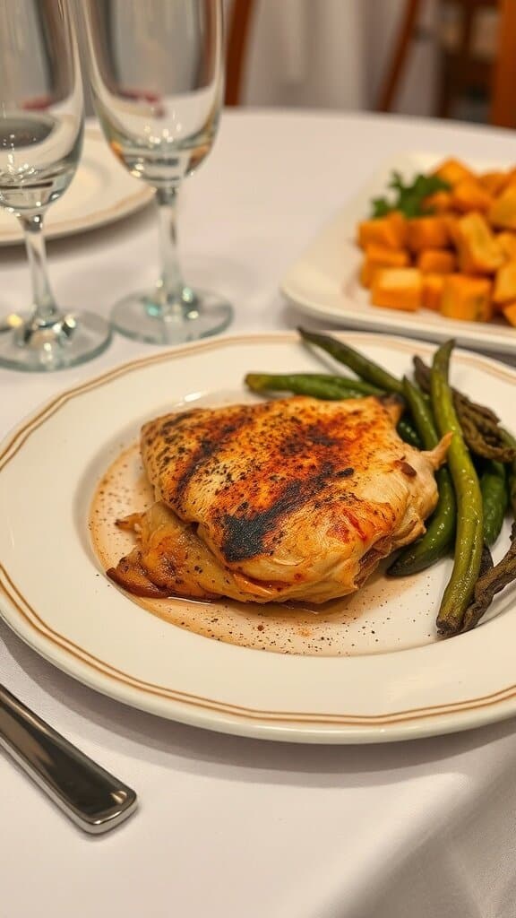 A plate of grilled chicken breast with green beans and a side of cubed butternut squash.
