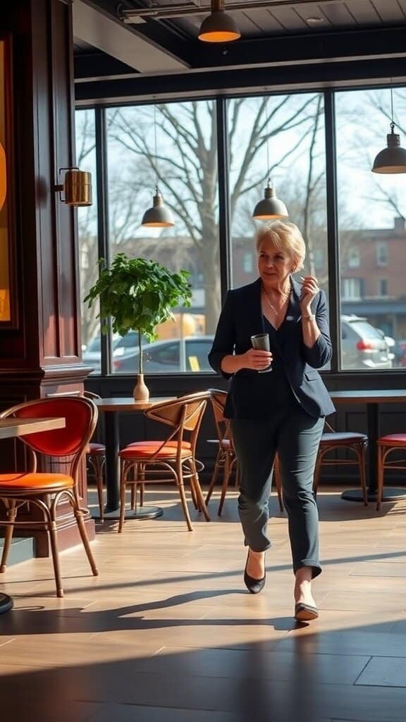 A confident woman in a stylish outfit walking through a café, showcasing a polished look.