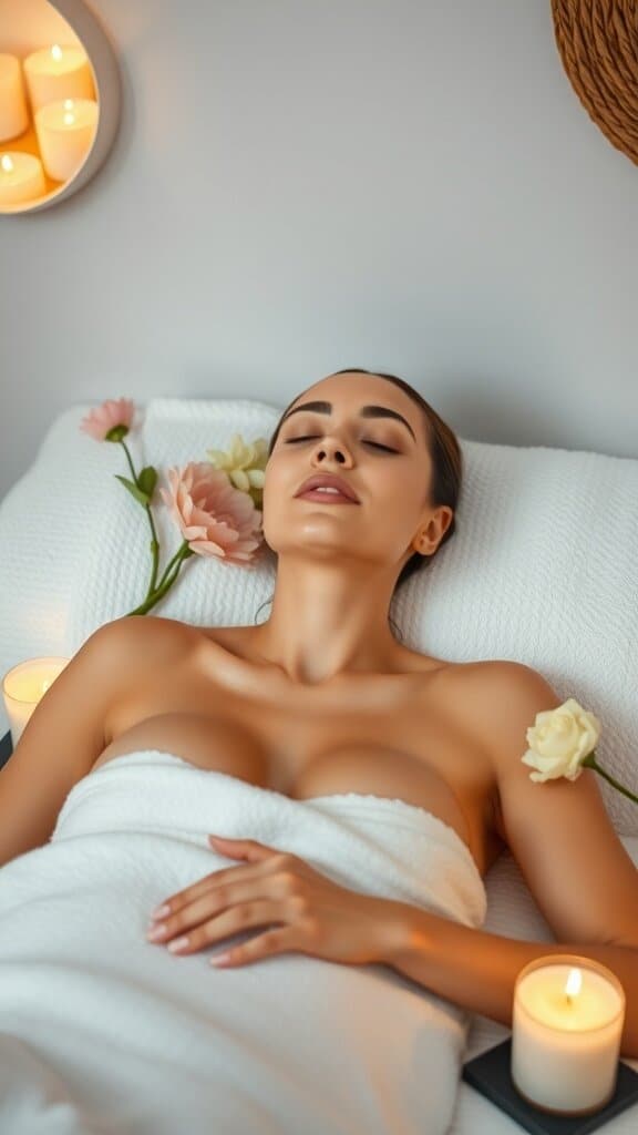 A woman relaxing on a spa bed surrounded by candles and flowers, representing self-care and well-being.