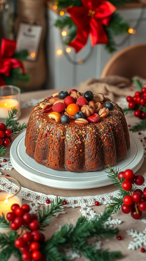 A beautifully decorated fruitcake topped with colorful fruits and nuts, set on a festive table with holiday decorations.