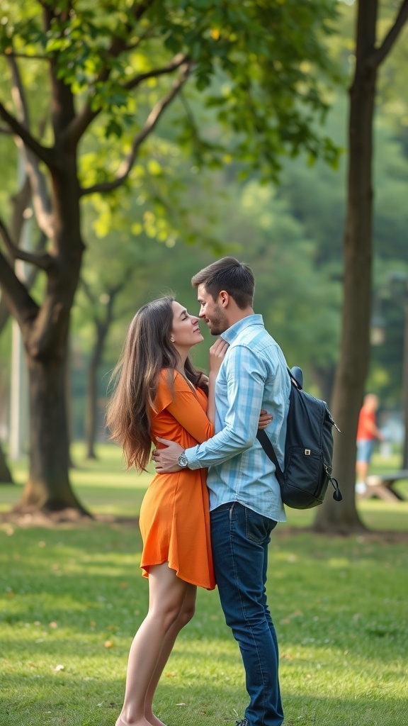 A couple sharing a loving moment in a park, showcasing open affection.