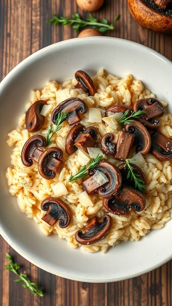 A bowl of creamy wild mushroom risotto topped with sautéed mushrooms and fresh herbs.