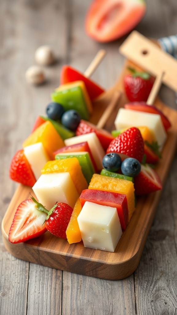 Colorful fruit skewers with strawberries, kiwi, pineapple, watermelon, and blueberries on a wooden platter.
