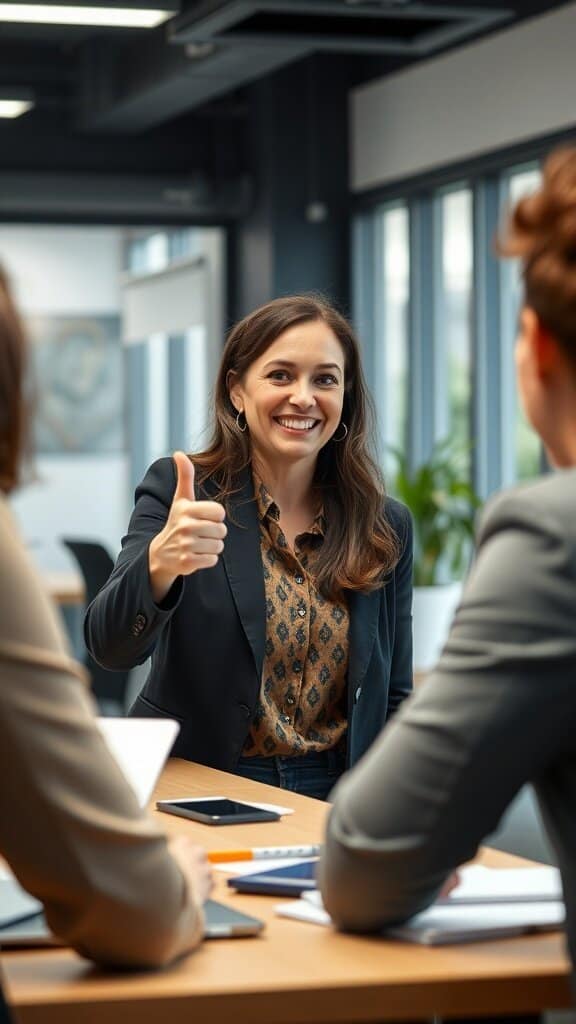 A woman giving a thumbs-up in a meeting, showcasing a supportive attitude.