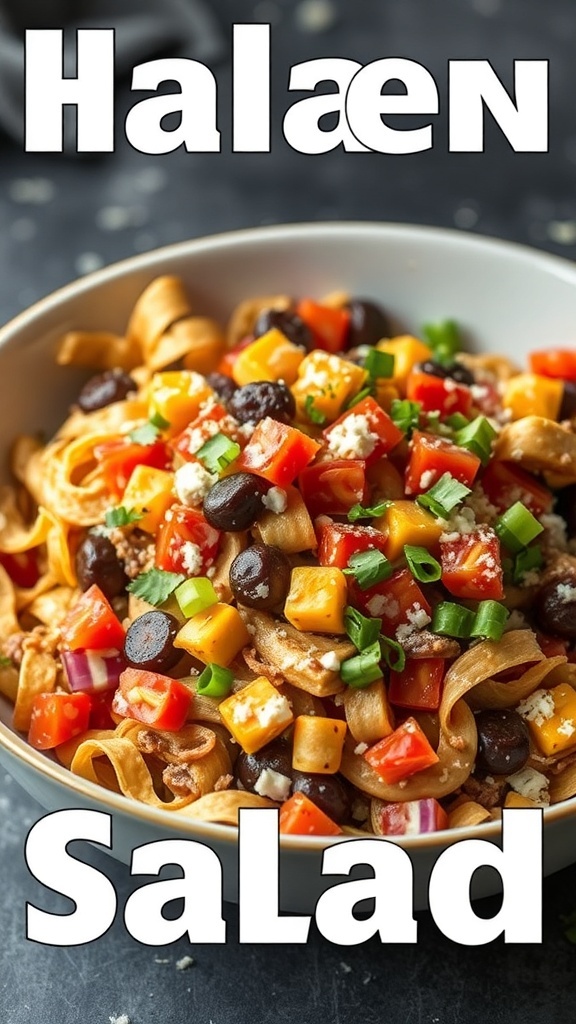 A colorful taco salad with fresh ingredients like lettuce, tomatoes, beans, and cheese, topped with tortilla chips.