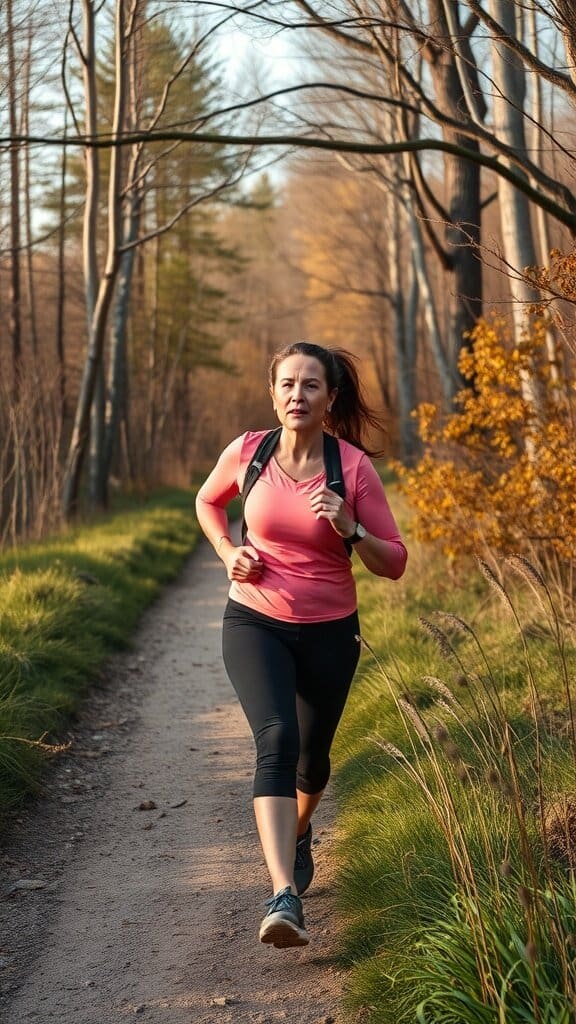 A woman jogging on a path surrounded by trees, promoting physical fitness and a healthy lifestyle.