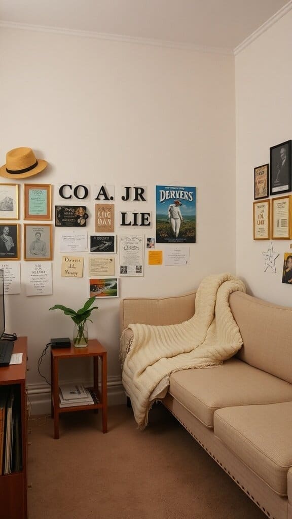 A cozy living space with a neutral sofa, a warm blanket, framed pictures, and a small plant on a side table.