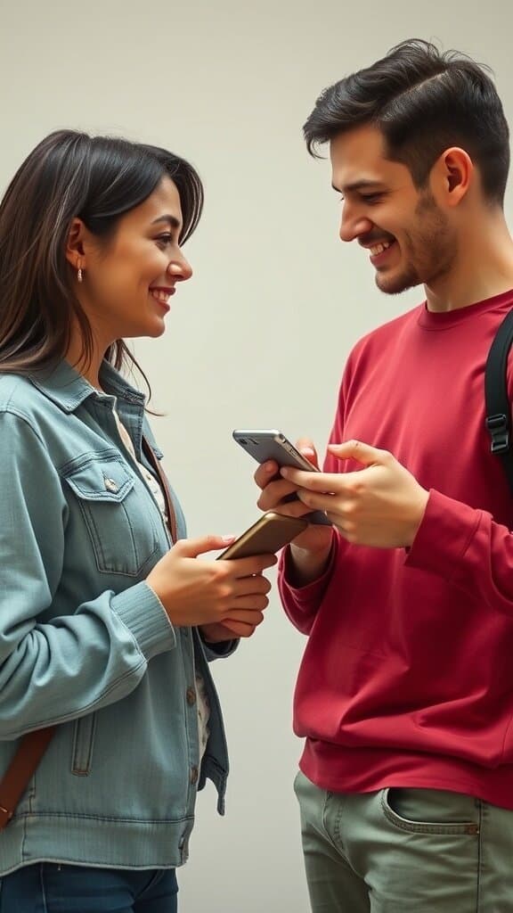 A couple smiling at each other while using their phones, representing connection and communication.