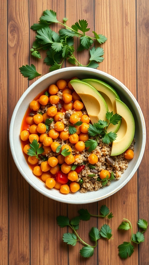 A bowl of spicy chickpea and quinoa topped with avocado slices and cilantro on a wooden table.