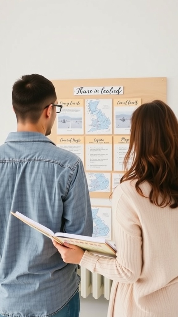 A couple looking at a travel planning board with various destinations.