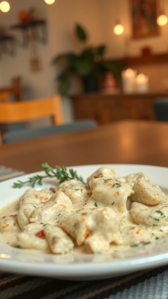 A plate of Chicken Alfredo Casserole with creamy sauce and herbs
