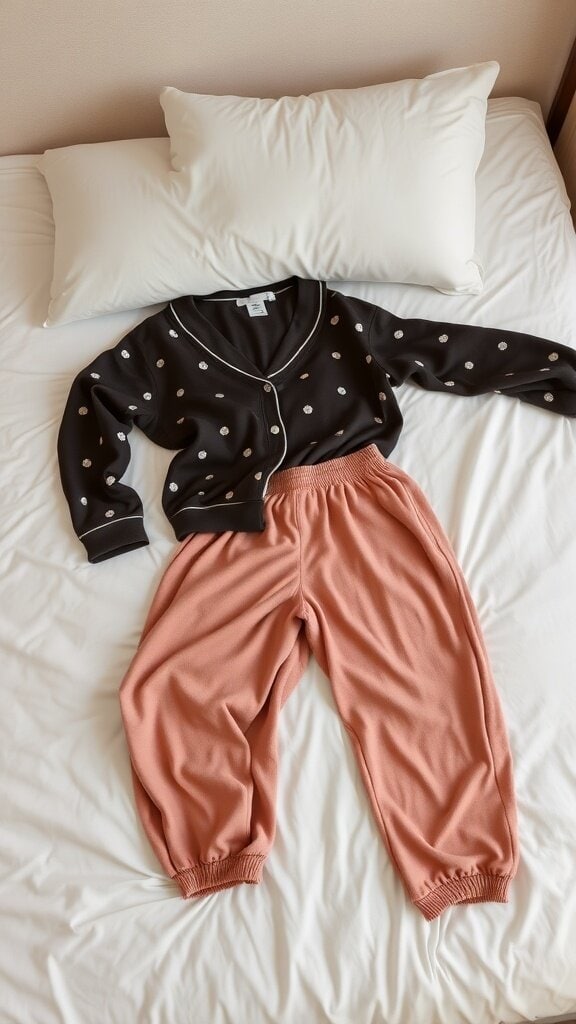 A black cardigan with polka dots and peach-colored pants laid out on a bed.