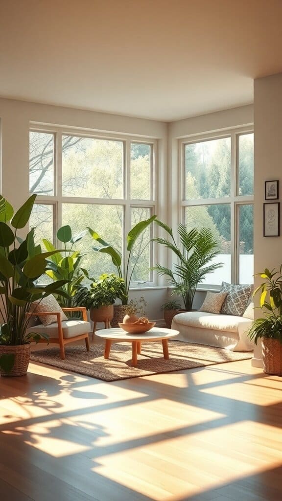 Bright living room with large windows, plants, and cozy seating, showcasing natural light.