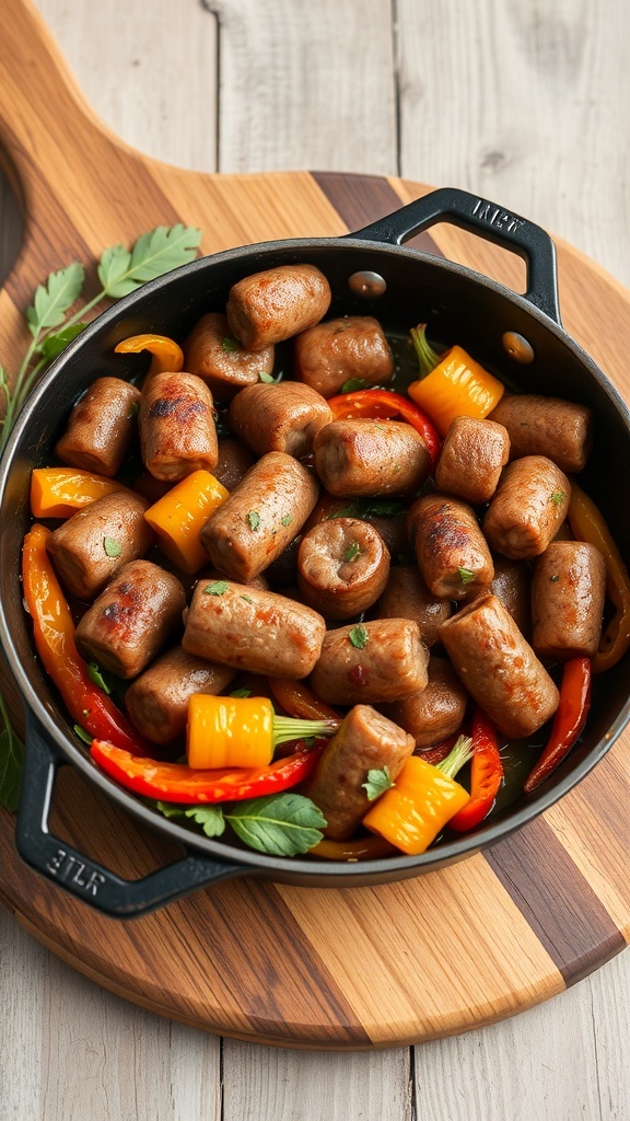 A skillet filled with sausage and colorful bell peppers on a wooden surface.