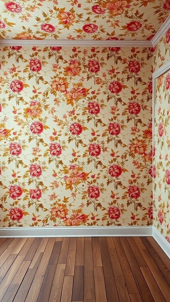 Room with outdated floral wallpaper and wooden flooring