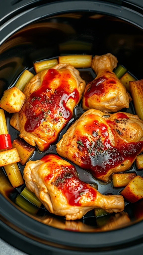 Crockpot with honey garlic chicken thighs and vegetables