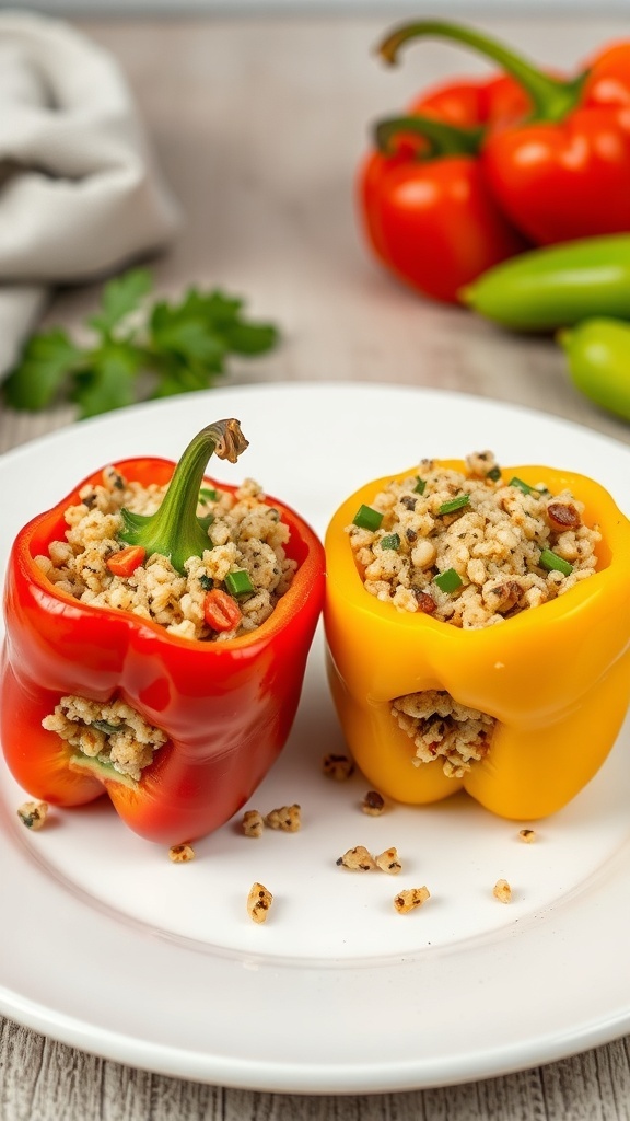 Stuffed bell peppers filled with quinoa and vegetables on a plate.