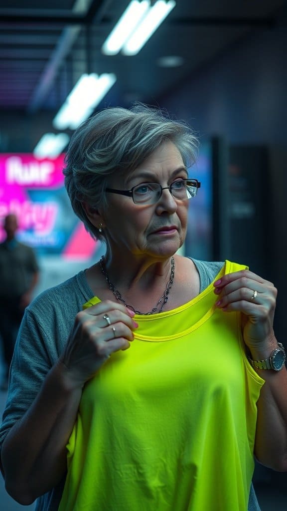 A woman holding a bright neon yellow top, looking thoughtful in a modern setting.