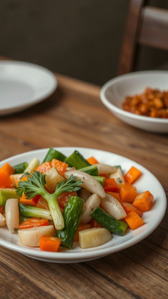 A colorful vegetable medley on a white plate, featuring carrots, broccoli, and snap peas.