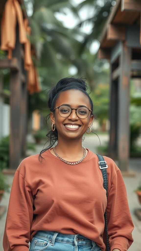 A smiling woman in a casual outfit standing outdoors, radiating confidence and authenticity.