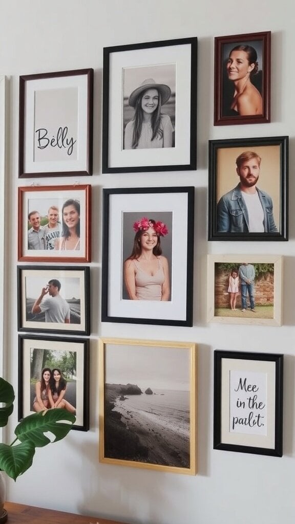 A gallery wall featuring framed black and white photographs of families and individuals, with a woven basket on the floor.
