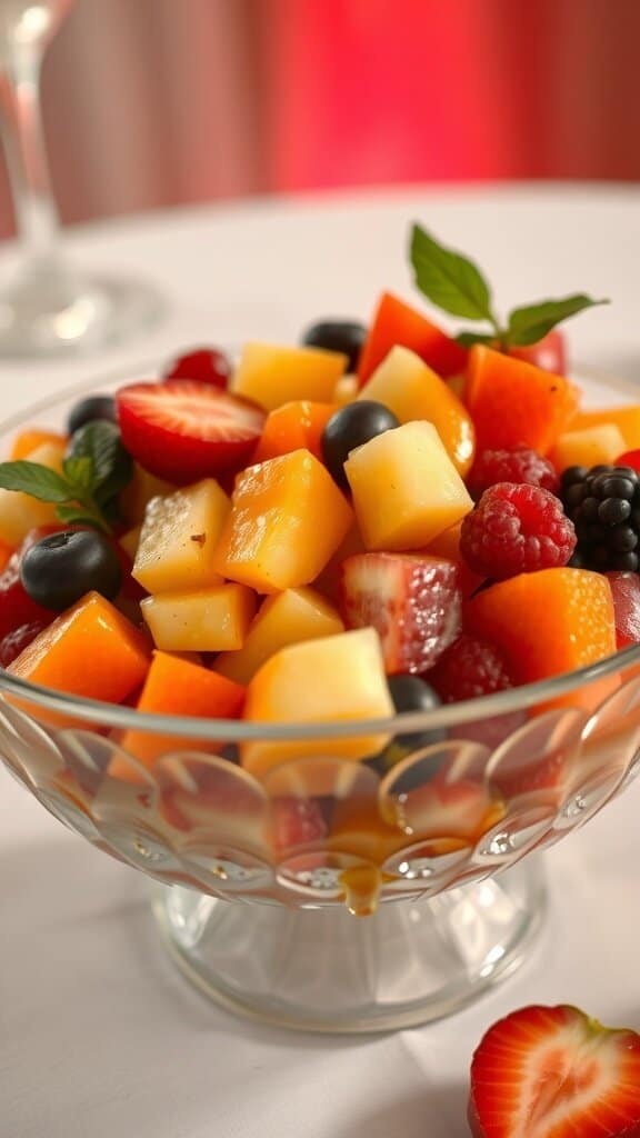 A colorful bowl of fruit salad featuring strawberries, cantaloupe, honeydew, blueberries, and raspberries.