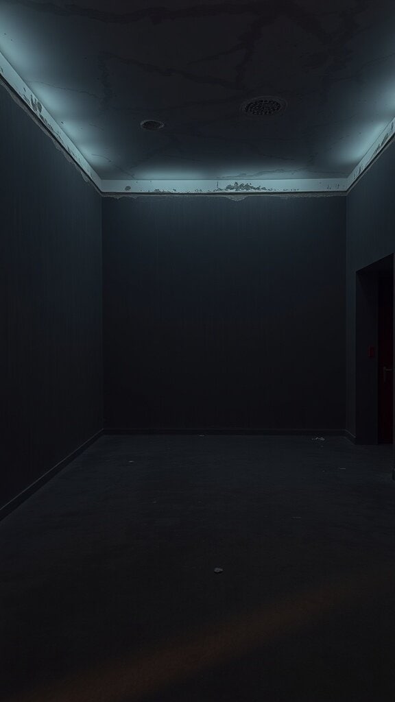 A dimly lit room with charcoal gray walls and a dark floor.