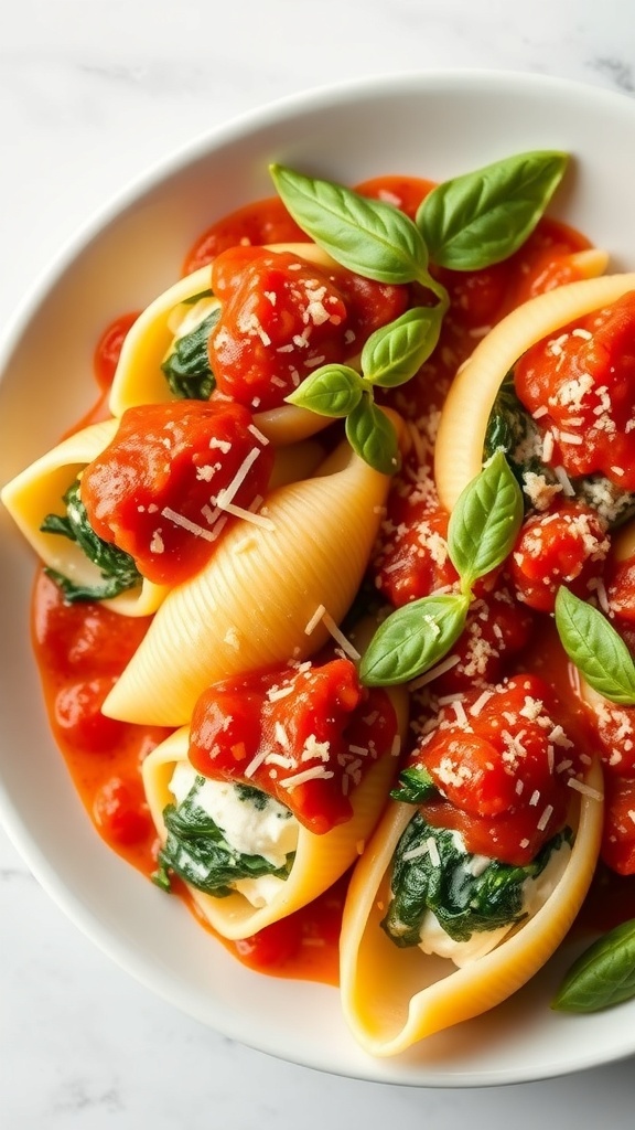 A plate of spinach and ricotta stuffed shells topped with marinara sauce and fresh basil