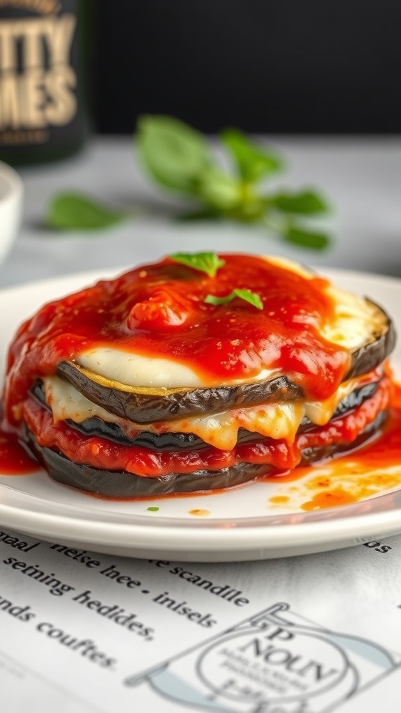 A plate of Eggplant Parmesan topped with marinara sauce, garnished with fresh basil.