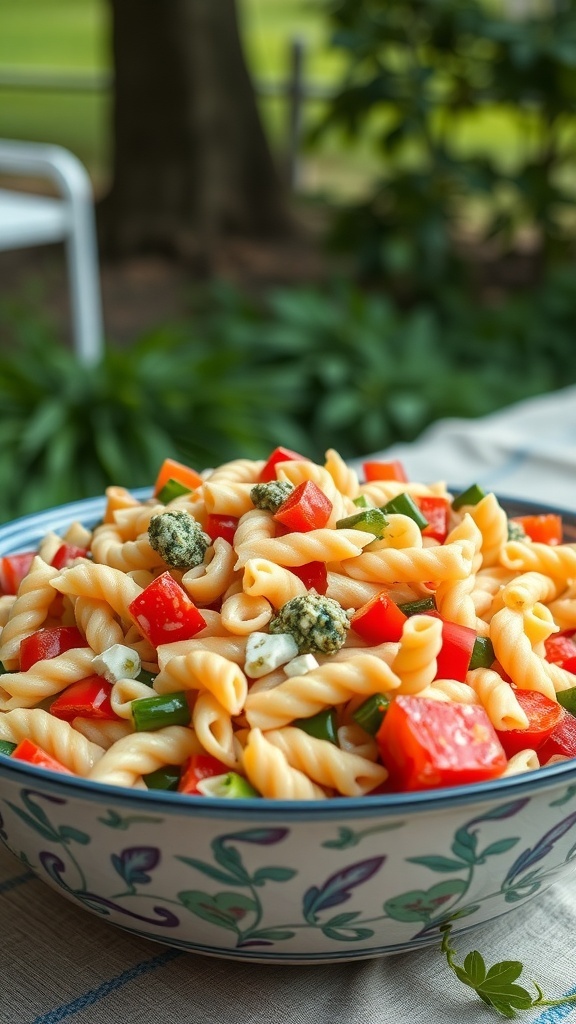 A colorful pasta salad with canned vegetables in a decorative bowl.