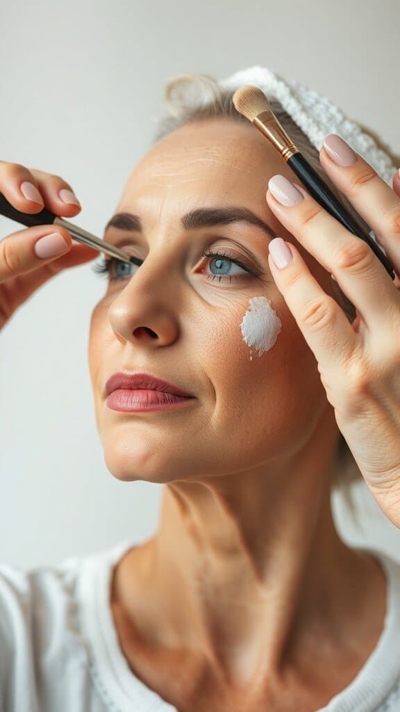 A woman applying cream makeup with a brush, demonstrating a fresh and natural look.