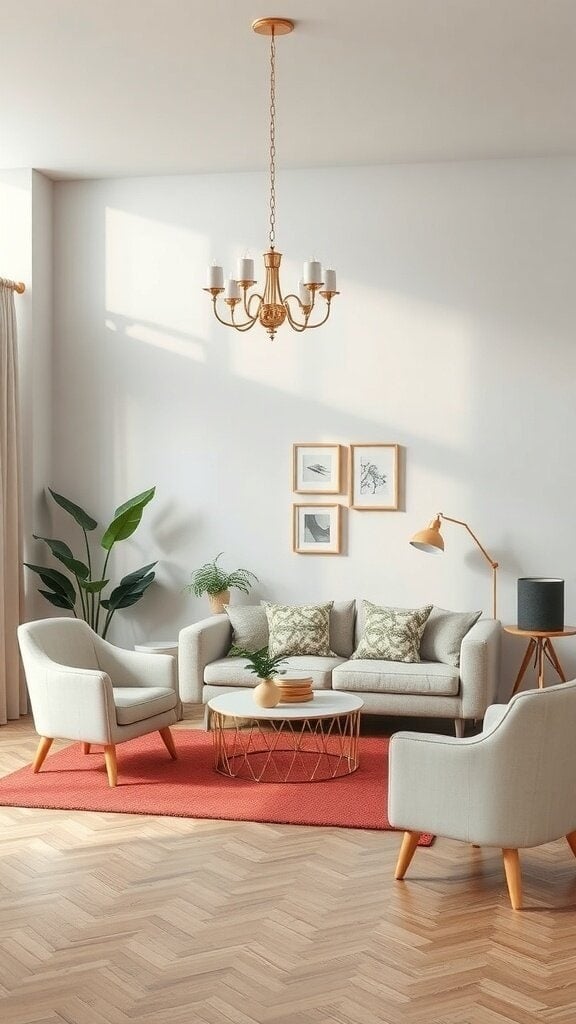 A stylish living room featuring a cozy sofa, chic chairs, and a chandelier, emphasizing decor and functionality.