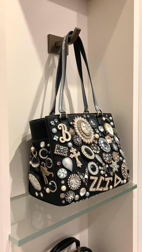 A handbag covered in various decorative elements and jewels.
