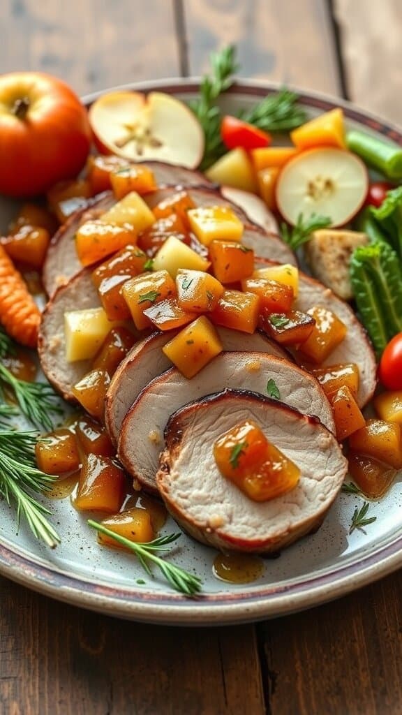 Sliced pork tenderloin topped with apple chutney and garnished with fresh herbs, served with colorful vegetables.