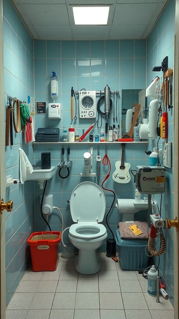 Cluttered bathroom with various unnecessary gadgets and items.