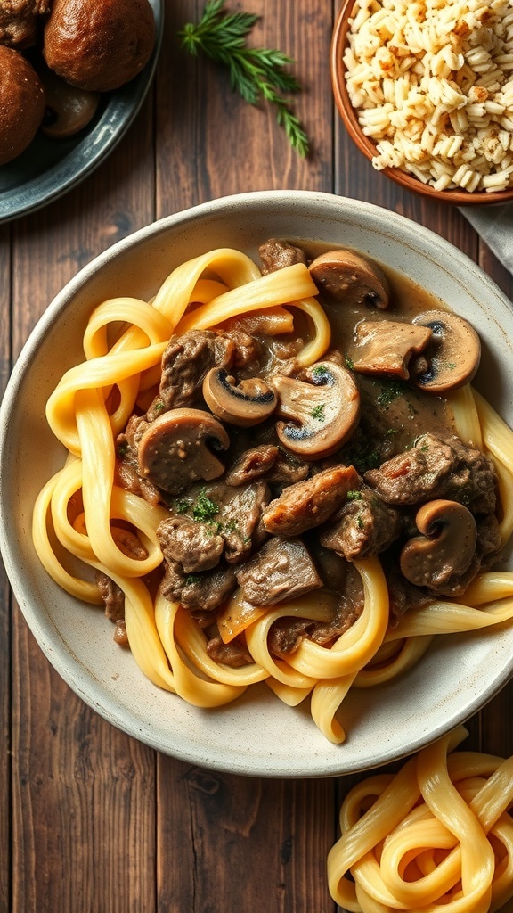 A bowl of beef stroganoff with noodles and mushrooms, served with a side of rice.