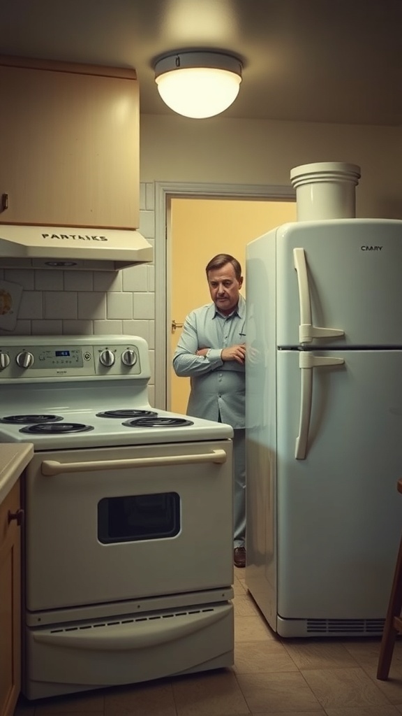A man standing in a kitchen with outdated appliances, looking concerned.