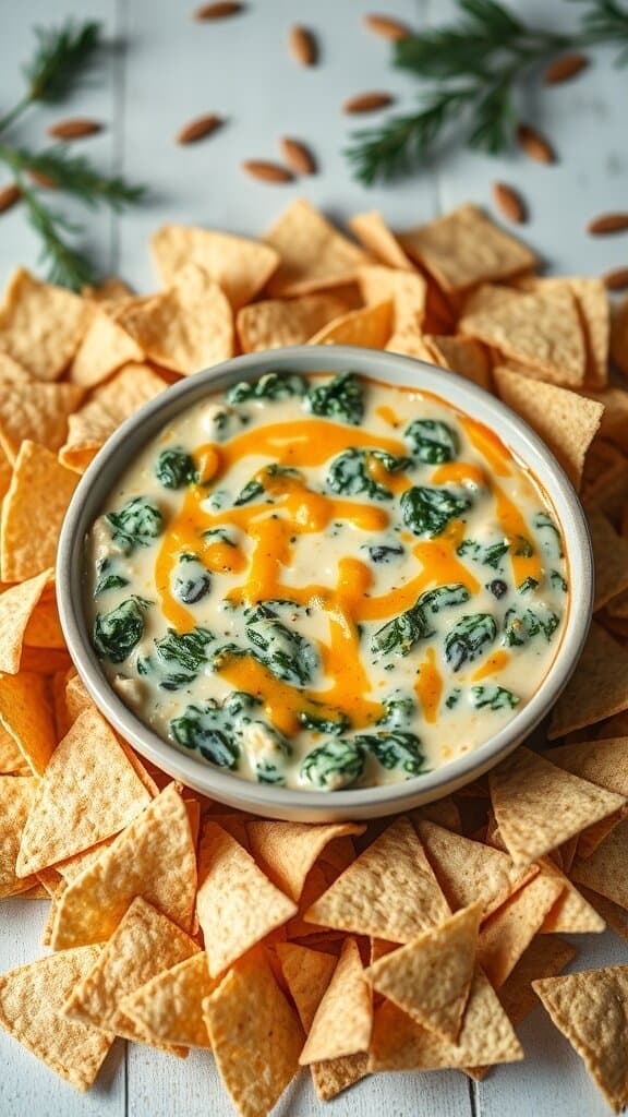 A bowl of cheesy spinach dip surrounded by tortilla chips.