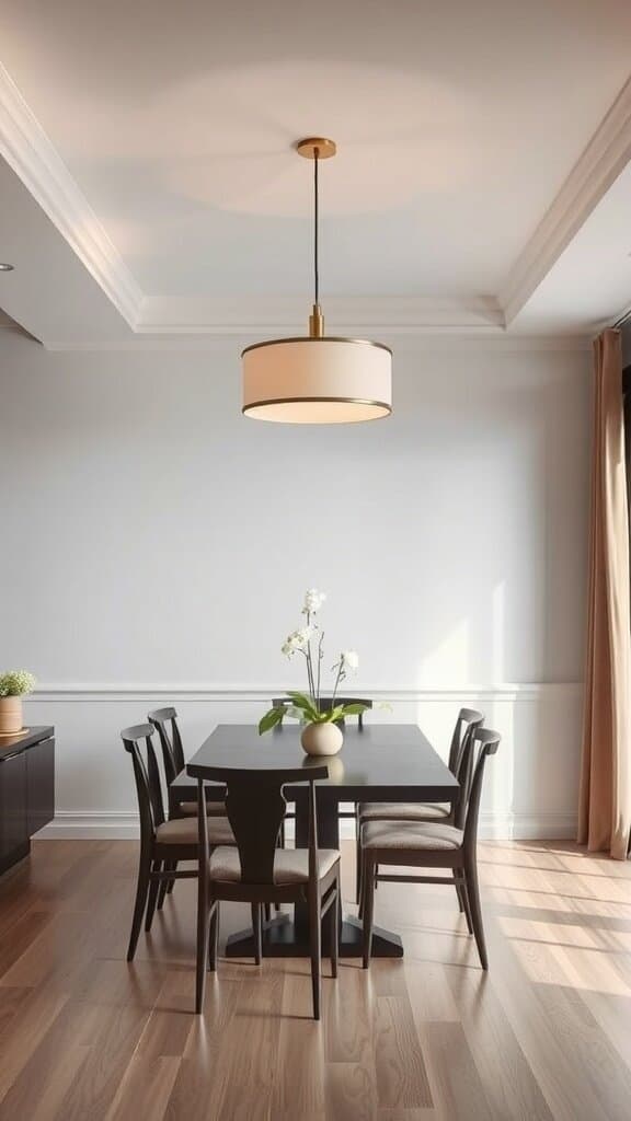 A modern dining area featuring a sleek pendant light above a wooden dining table with six chairs.