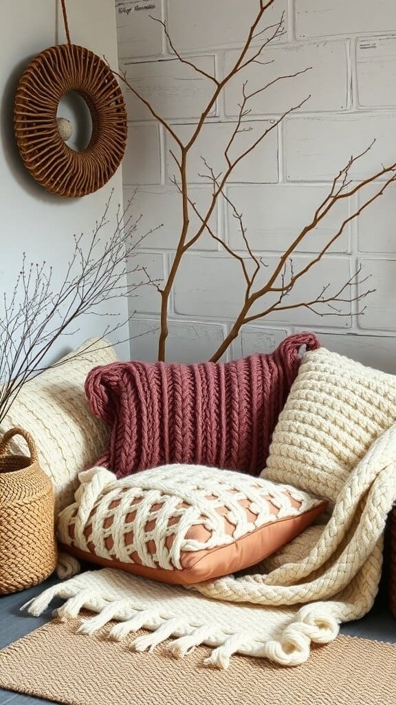 A cozy seating area featuring chunky knit pillows and blankets in warm colors, with a decorative woven piece and a bare branch.