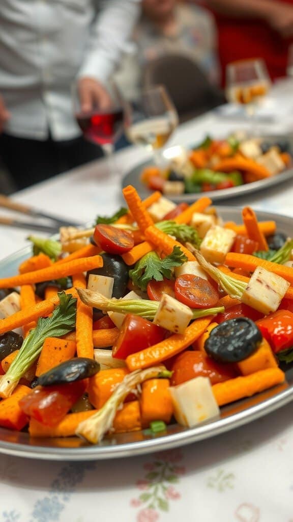 A colorful platter of overcooked vegetable medley with carrots, tomatoes, and other veggies.
