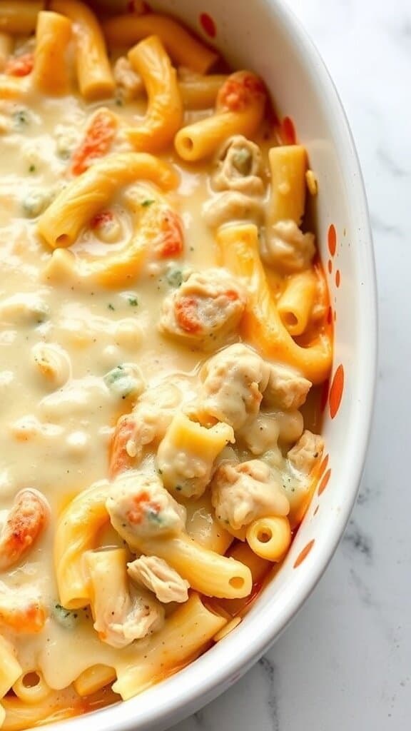 A creamy tuna casserole with pasta and vegetables in a baking dish.