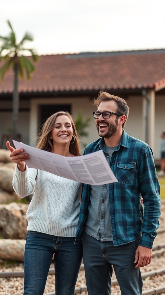A happy couple looking at a document together, discussing their future plans.