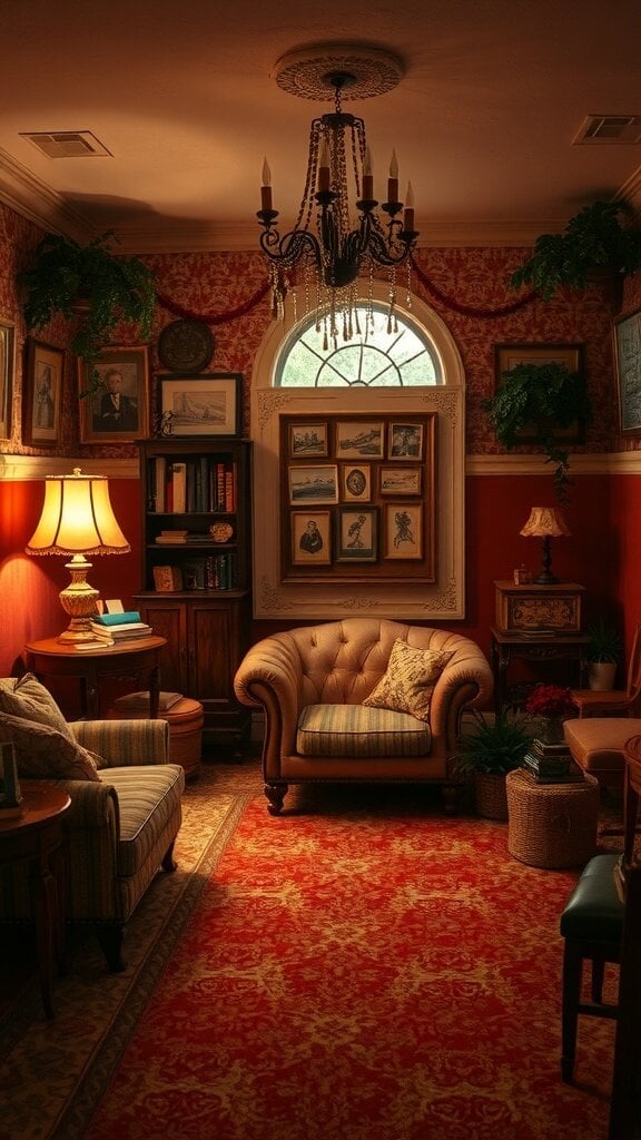 A vintage-themed room with red walls, classic furniture, and a chandelier.